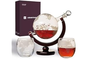 Kemstood Whisky Karaffe Globus Set (850 ml) - Edler Whiskey Decanter mit Gläser, Holzständer und eingravierte Weltkarte - Whisky Geschenkset/Geschenke für Männer die alles haben, Whisky Dekanter