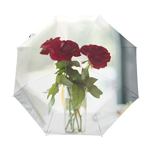 Preisvergleich Produktbild LAZEN Automatischer dreifachgefalteter kompakter Reise-Anti-UVwasserdichter winddichter Regenschirm blüht auf dem Tisch