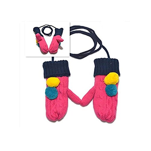 Babe Mall Inc® Charming Bright-colored Plus Warm Winter Gloves/Mittens with Pompom and Rope for Baby girls-- Rose Red+random gift
