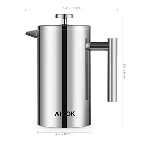 Aicok Cafetiere French Press Stainless Steel Double Wall Coffee Maker, Coffee & Espresso Filter, Tea Pot 8 Cups 1L / 34 oz
