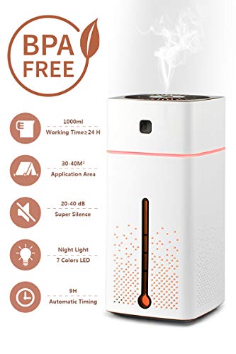 Myguru 1000ml Umidificatore per Bambino Umidificatore Ultrasuoni Profumato Purificatore Aria Diffusore Atomizzatore 7 Colori LED per Yoga, Camera da Letto, Soggiorno, Sale Conferenza, Ufficio