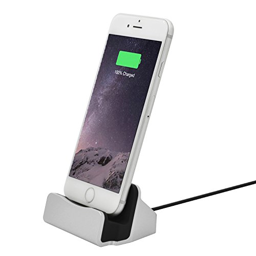Original iProtect® Premium Dockingstation Ladestation mit integrierten USB Datenkabel Ladekabel und Netzteil Adapter für Apple iPhone 5 5s 5c 6 6Plus 6s, iPod Touch 5G 6, iPod Nano 7G in silber - 5