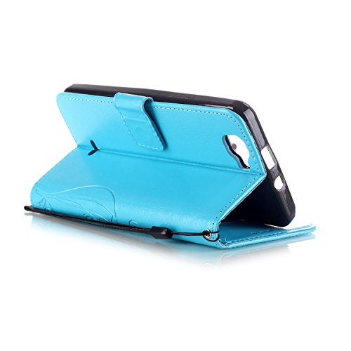 Wiko Rainbow Hülle,Wiko Rainbow 4G Ledertasche Brieftasche im BookStyle,SainCat PU Leder Wallet Case Folio Reliefprägung Schutzhülle Schmetterling Muster Hülle Braun Bumper Handytasche Skin Schale Soft Backcover Handy Tasche Flip Cover Buchstil Klapptasche in Lederoptik mit Standfunktion Karteneinschub und Magnetverschluß Etui Flip Case für Wiko Rainbow 4G (Blau) - 5