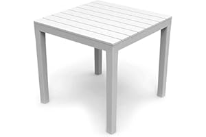 Tomaino - Mesa de jardín de plástico efecto madera, mesa cuadrada moderna y resistente, 78 x 78 x 72 cm (blanco)
