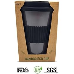 Taza de café de bambú reutilizable, ecológica, 450 ml, con tapa y funda de silicona reutilizable, respetuosa con el medio ambiente y biodegradable, reutilizable, taza de viaje (gris medianoche)