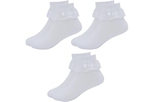 Snegyu 3 Pack Cotton Girls White School Socks White Frilly Lace Top Bows Dance Thin Summer Ankle Socks for Kids Girls 3-16 Years