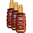Garnier Ambre Solaire Ideal Bronze Protective Oil Sun Cream Spray SPF30, High Sun Protection Factor 30, Shea Butter, Water Resistant & Non Greasy Sunscreen, UVA & UVB Protection, 150ml (Pack of 3)