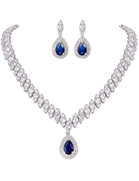 EVER FAITH® Damen CZ Marquise Form Blatt Tropfen Pendant Halskette Ohrringe Set Blau Silber-Ton