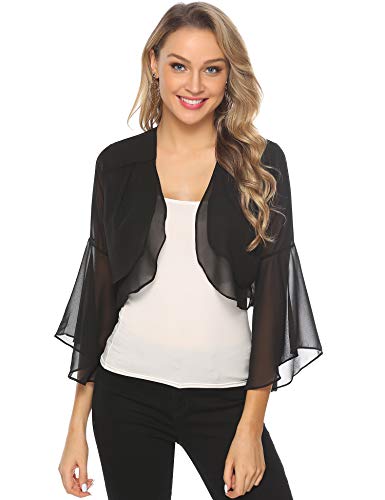 Aibrou Mujer Ruffle Manga Chiffon Bolero Shrug Frente Abrir Bolero Cardigan Camiseta Casual tee Tops(C: Negro)