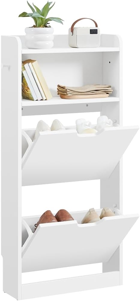 Yaheetech Zapatero Estrecho Mueble Entrada Recibidor con 2 Puertas y Compartimento Abierto Zapatero Moderno Autoportante Armario de Madera Pasillo 50x17x108 cm Blanco