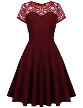 Meaneor Damen Spitze Vintage Kleid Rockabilly Tüll Partykleid Cocktailkleid mit Kurzarm