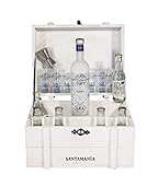 vodka origen sueco Cofre de madera color blanco que incluye, junto con el mejor VODKA SANTAMANÍA, todo lo necesario para preparar tus Vodka-tonic.
