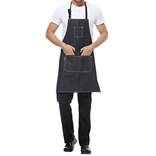 Opromo Durable Cotton Denim Apron w/3 Pockets for Men and Women, 30.5 X 24.5 inches-Black