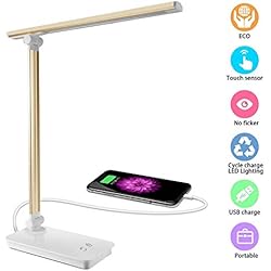 DAMIGRAM Lampe de Bureau LED, 5 Modes de Couleur & 3 Niveaux de Luminosité Ajustable Lampe de Chevet LED Lampe de Bureau Pliable et Rechargeable (Gold)