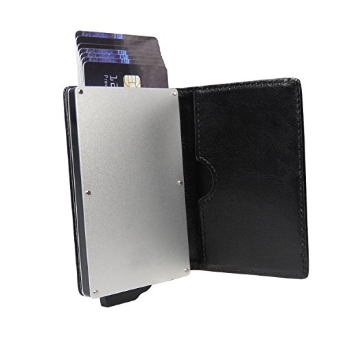 Preisvergleich Produktbild FlyingOwl Kreditkartenetui Aluminium PU Leder - Portemonnaie Geldbörse für Kreditkarten Scheckkarten Girokarten mit Münzfach - Damen Herren Slim Wallet schwarz flach klein – RFID NFC Schutz Blocker