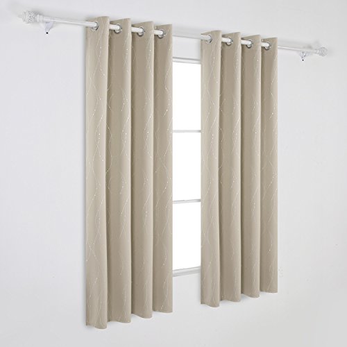 Deconovo Super Soft Dotted Line Foil Printed Thermal Insulated Blackout Curtains Window Treatment Eyelet Blackout Curtains for Nursery with Two Matching Tie Backs 46 x 54 Inch Beige Two Panels