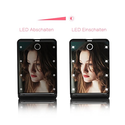 GHB Faltbar Kosmetikspiegel mit 8 LED Beleuchtung Doppelseitiger Schminkspiegel mit 1 und 2-facher Vergrößung Schwarz - 4