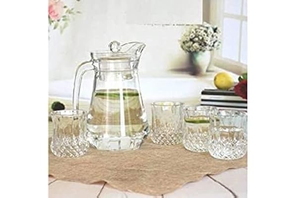 Dakshayanii Imported Crystal Cut Glass Carafes & Pitchers Jug Glass Set(, (Pack of 7 Pcs Box Contains 1 Pitcher-1300ml,6 tumblers-200 ml Each)