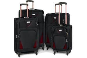Bravich 4 Piece Luggage Set, Lightweight Soft Shell Suitcase Set with 360 Wheels & Combination Lock, for Carry On Luggage, Hand Luggage & Check in Luggage - 20" + 26" + 29" + 32" - Black & Red