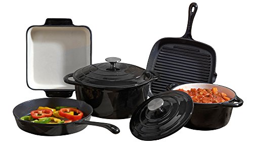 Cooks Professional Deluxe Cast Iron Cookware Complete 5 Piece Cooking Set. (Black)