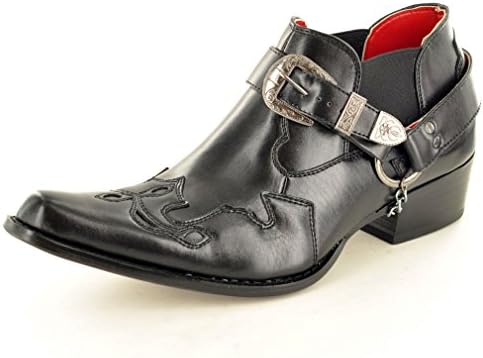 Guciani Mens Leather Look Cowboy Western Harness Chain Buckle Boots (8 UK, Black)