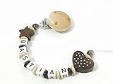  Schnullerkette mit Namen - Stern - Herz - Holz - Junge - braun - natur - creme - beige - B 008