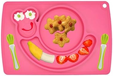 RayMoon Kids Placemat &amp; Divided Suction Plate &amp; Silicone Spoon In One - Caterpillar Design - Portable Non Slip Meal Prep for Kids that Suctions to Tables (Rose)