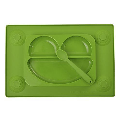 DOMIRE Happy Face Feeding Set EasyMat Kids Placemat No Mess Divided Suction Plate. Safety Food Grade Silicone Non-slip Suction Bowl Sectional Baby Plate. (Green)