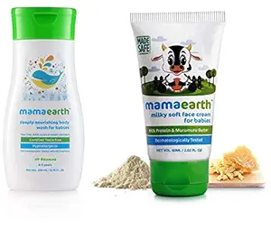 Mamaearth Deeply Nourishing wash for Babies (200 ml) & Milky Soft Natural Baby Face Cream for Babies 60mL