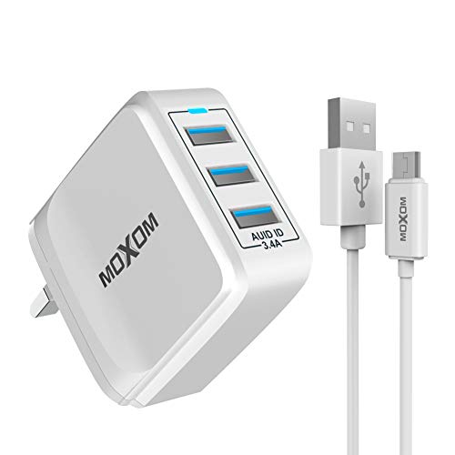 MOXOM USB Charger Plug 3 Ports 3.4A Fast Charging Wall Charger UK Plug Travel Power Adapter Compatible with Samsung Galaxy S6 / S7 / S5 / S4 / Sony/LG/Nexus/Kindle/Motorola/iPhone/iPad/iPod