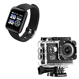 Infinizy Combo Pack of 2 Items - 1080p Sports Sweatproof Action Camera, Bluetooth D116 SmartWatch with Heart Rate Monitor (1 Year Warranty)