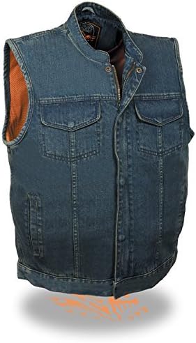 Men's SOA Denim Vest Concealed Snap w/ Hidden Zipper w/ 2 Inside Gun Pockets (4X, Blue)