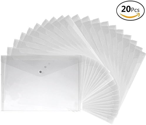JUSLIN 20pcs A4 Size Premium Translucent Document Folders PVC Envelope with Snap Button Closure, Water &amp; Tear Resistant