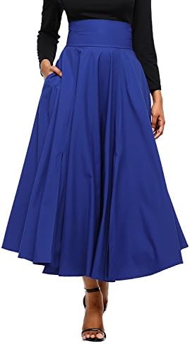 Annflat Women's Summer High Waist Swing Pleated Full Length Front Slit Belted Maxi Skirt Medium Blue