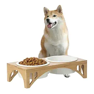 FUKUMARU Elevated Dog Ceramic Bowls, Raised Food Feeding Dishes for Large Cats and Dogs, Solid Bamboo Water Stand Feeder Set