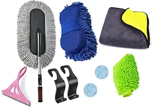 Car Cleaning Accessories Car Cleaning Duster, Microfiber Cloth, Sponge, Glove, Glass Wiper, Soap Tablet, Car Hooks (Pack of 9)