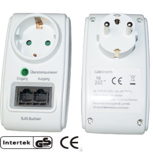 Preisvergleich Produktbild Schuko Zwischenstecker mit RJ45 Netzwerk - LAN - Kupplung und Überspannschutz