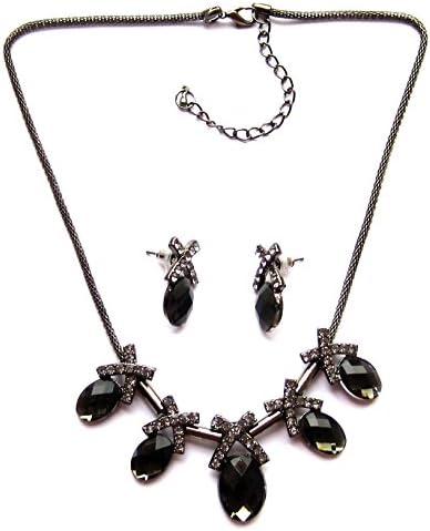 Grey Faceted Crystal with Diamante Kisses Black Plate Necklace with Matching Earrings Set