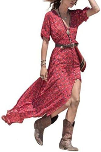 BA Zha Women Boho Summer Chiffon Floral Party Beach Long Maxi Dress Ladies Party Evening Dress Mini Dress Sundress Vintage Dress Slim Sundress Holiday Vacation Bohemian Casual Dress (L, Red)