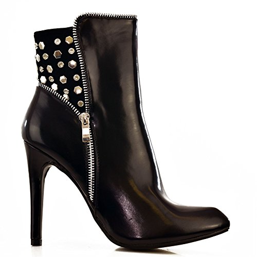 Ladies Womens Diamante Studded Back High Top Ankle Boots High Heel Booties Size[UK 6 / EU 39 / US 8 / AU 7,Black]