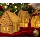 METADESİNG Noel Evi Tealight Mumluk Seti, Yılbaşı S&uuml;s&uuml;, PLA Organik Plastik, Beyaz, 10x6x7 cm ve 8x8x9 cm, 3 Par&ccedil;a, Kış Temal