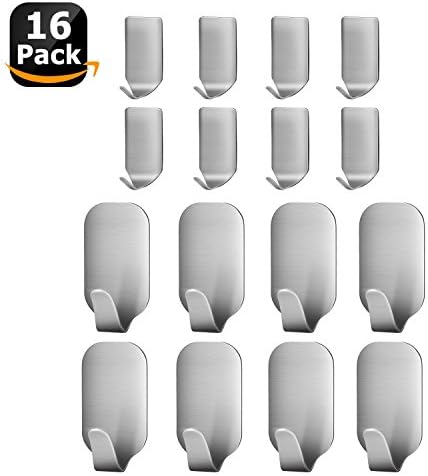 16PCs Adhesive Hooks, Heavy Duty Wall Hooks Waterproof Stainless Steel Hooks Wall Hanger Mounted Non-slip Hooks for Bathroom Kitchen Wall Door Ceiling,Dog Leash, Umbrellas, Scarves,Towels, Robes, Bags, Coats, Keys … (8-Small+8-Big)