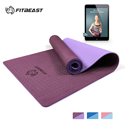 FitBeast Yoga Mat, 6mm Thick Non-Slip Exercise Yoga Mat, TPE Eco Friendly Fitness Mat with Carry Strap-Workout Mat for Yoga, Pilates and Gymnastics 183 x 61 x 0.6CM, Compact Lightweight for Travel