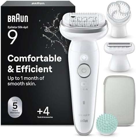 Braun Silk Epil 9 SkinSpa, Epilatore Con Testina Flessibile, Rasoio Elettrico Donna, Wet&Dry, Pelle Liscia A Lungo, Spazzola Esfoliante, Accessorio Massaggiante, Testina Radente, Cappuccio Regolatore