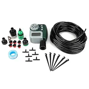 Drip Irrigation Kits, 9 PCS DIY Micro Drip Irrigation System with Auto Timer and LCD PM Display Plant Watering Garden Hose System Sets Pack for Garden, Greenhouse, Patio, Lawn