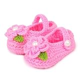 Koly Newborn Baby Girls Crib Crochet Handmade Knit Sock Infant Rose Prewalker Shoes 0 -12 month (Pink)