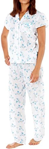 Ladies Floral Slub Short Sleeve Revere Collar 100% Cotton Pyjamas. (UK 22/24 -EUR 50/52, Blue)