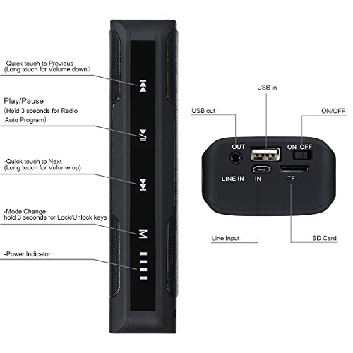 Multifunktions-Portable Wireless Bluetooth Lautsprecher 6W Stereo + Power Bank + FM Radio, 4000mAh Akku 15 Stunden Spielzeit, Touch Control & Patent Lock / Unlock Panel, Aux Input, SD Card Slot und eingebaut in Mic Kompatibel mit Iphone, Android, Auto und All bluetooth Enabled Geräte - 5