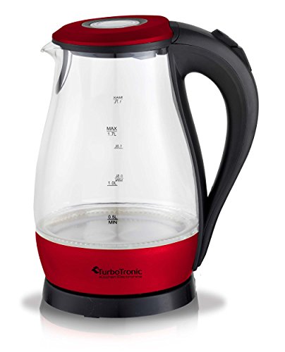 TurboTronic Glas Wasserkocher 1,7 Liter mit LED Beleuchtung Blau (innen) BPA Frei, Leistung: 2200 Watt, Farbe: Rot-Metallic, inklusive Kalkfilter am Ausguss und 360° Basis-Station (kabellos), Edelstahl Bodenplatte mit nicht sichtbaren Heizelement - 4