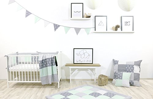 BEBILINO ® Patchwork Babydecke Kinderwagendecke und Baby Kuscheldecke 70×100 cm MINT GRAU - 3